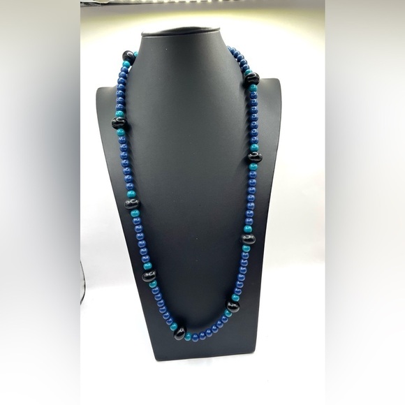 Trifari Beaded Necklace 30” Length Blue Black and Turquoise Blue Beaded Necklace - Picture 4 of 13